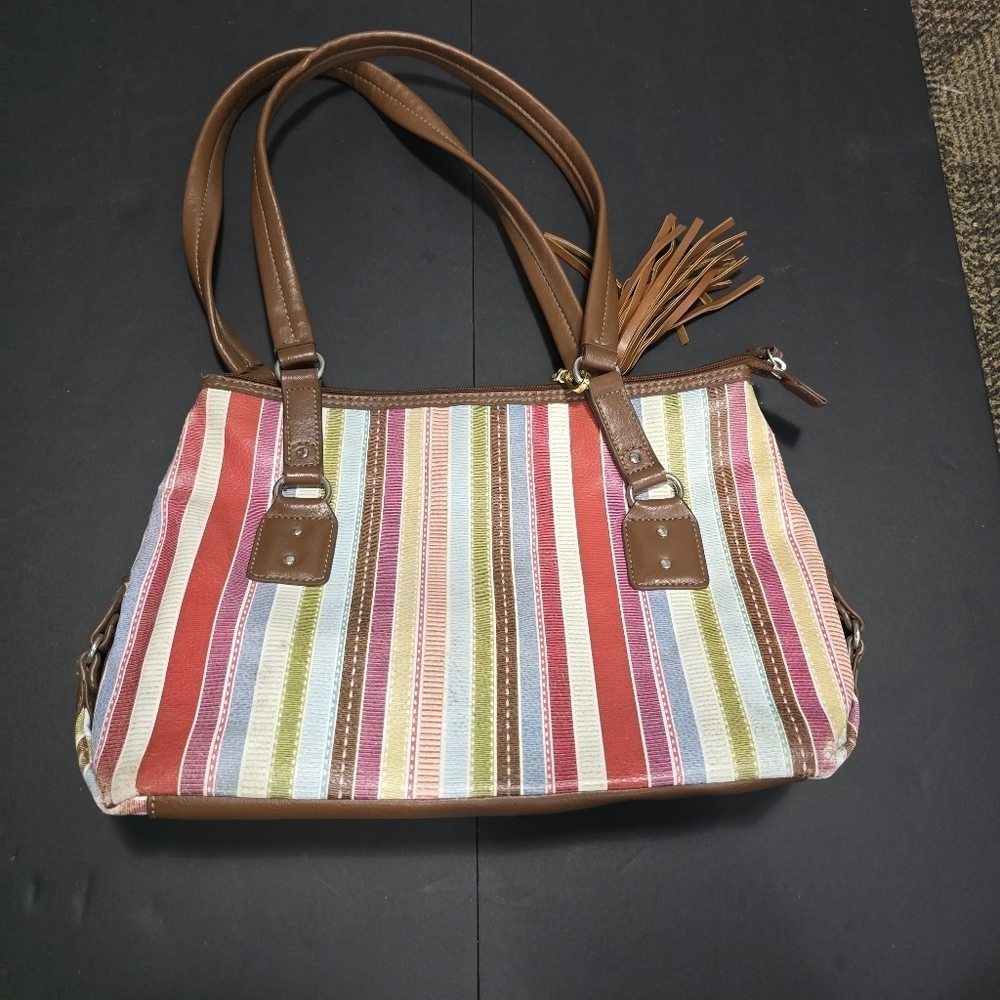 Relic by Fossil Striped Shoulder Bag Tote Purse Multicolor Boho Tassel Handbag